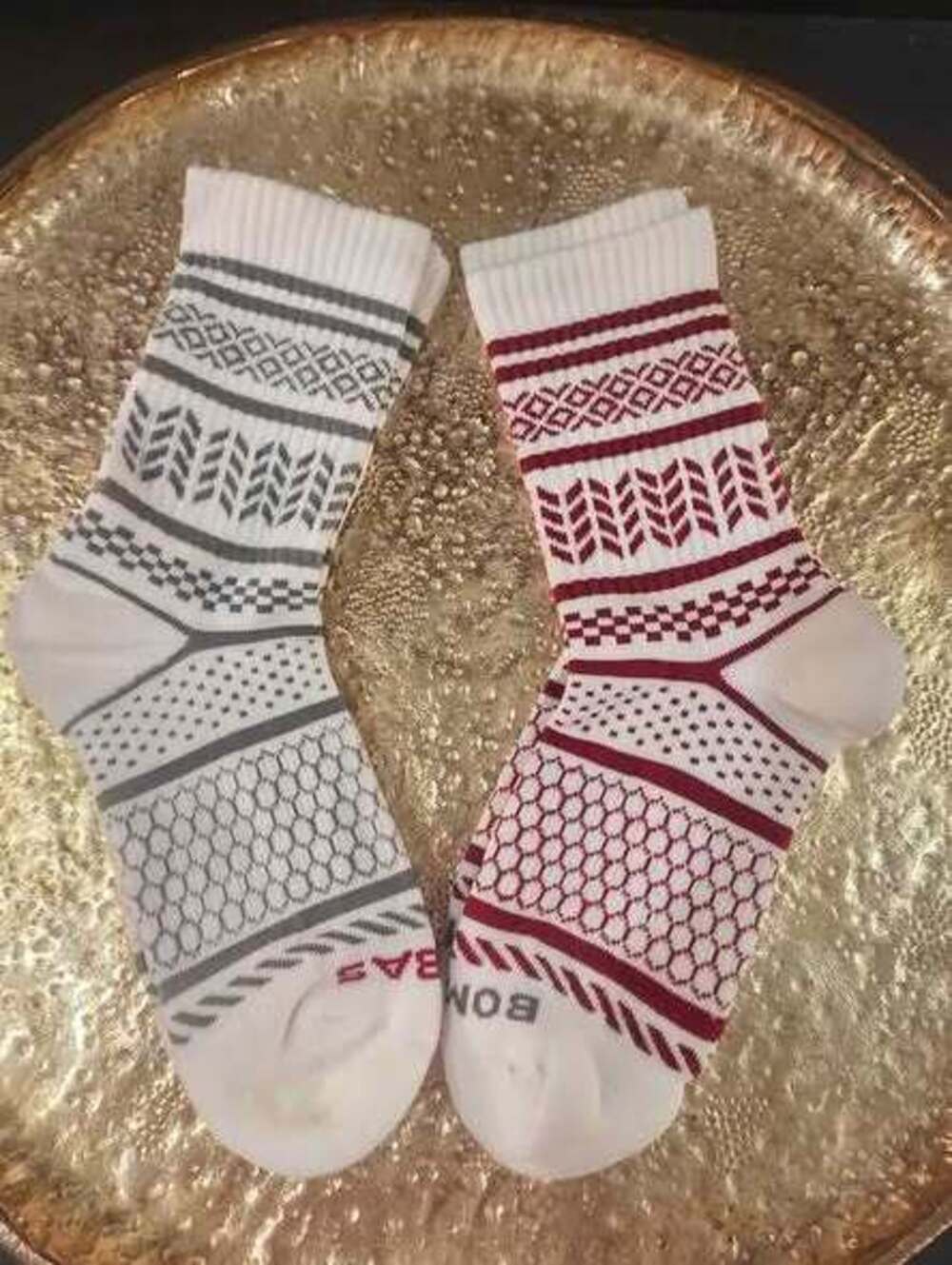 Bombas Socks 2 Pairs Medium Grey Red Fair Isle Pattern. New!